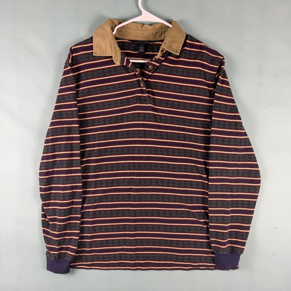 Vintage 90s Lands End Womens M Burgundy Geometric Striped Rugby Polo Long Sleeve